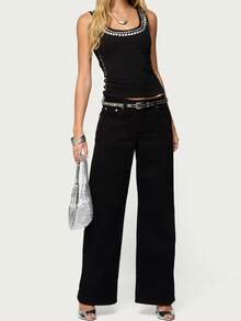 Women's Y2k Punk Studded Tank Top Rock Silver Rivets Trim Sleeveless Crop Top Streetwear Going Out Party Club Grunge Tops - 黑色 - 查看 4