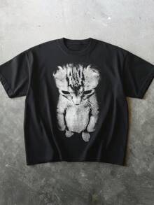 Camiseta gráfica con expresión de gato triste 2026, camiseta casual de cuello redondo, estilo Y2K para mujer, mejor regalo extravagante para ella, adecuada para uso diario en verano negro - Marrón - Ver 5