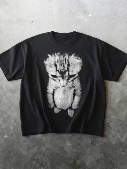 2026新款悲伤猫咪表情图案T恤，圆领休闲T恤，Y2K风格女款T恤，送给她的最佳个性礼物，适合日常穿着