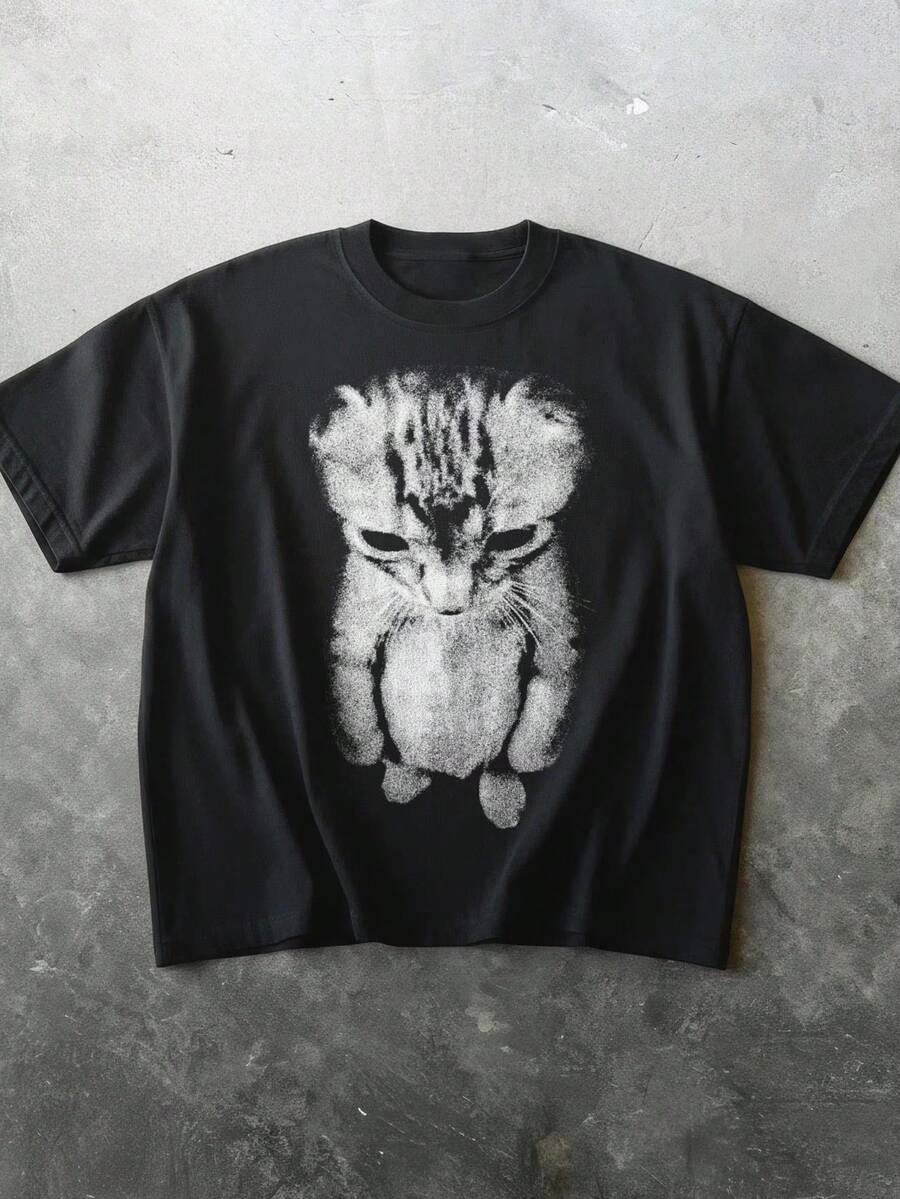 2026 New Sad Cat Expression Graphic Tee, Round Neck Casual T-Shirt, Y2K Style Women's Tee, Best Quirky Gift For Her, Suitable For Daily Wear Black Summer - Black - View 1