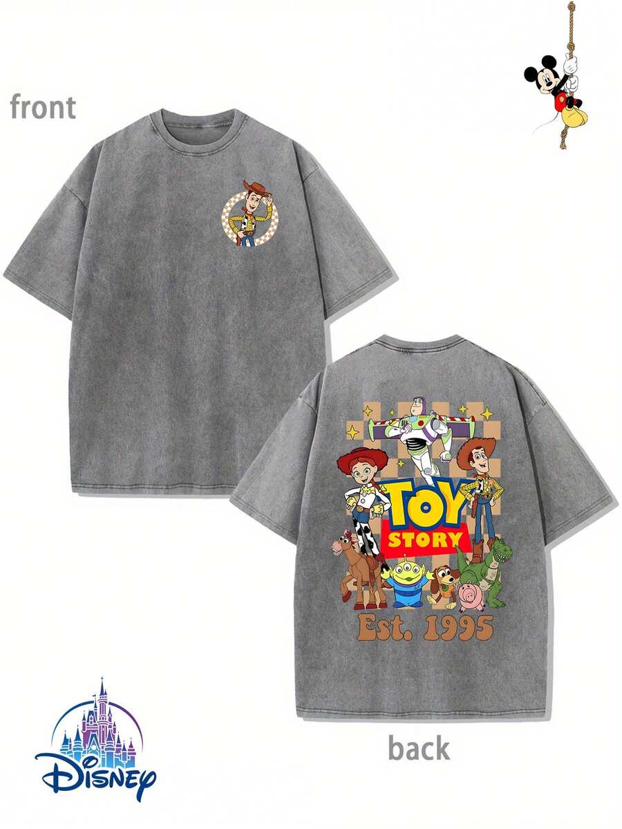 "Disney Authorized" Toy Story 1995 Family Double-Sided Printing, Genuine Authorization 1 Fashion Cartoon Short-Sleeved Design, Cartoon Short-Sleeved, Men's Cotton Washed T-Shirt. Soft And Breathable, It Can Be Used As A Gift For Disney Lovers. - 灰色 - 查看 1
