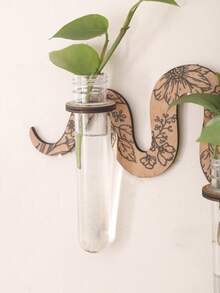 1 pieza Estantería decorativa de pared de madera natural con diseño de flores, decoración de pared botánica minimalista con tubo transparente, forma ondulada de estilo granja moderna con detalles florales grabados, exhibición de plantas de pared montada que ahorra espacio para propagación de esquejes y pequeñas plantas verdes, accento decorativo funcional de pared para sala de estar, dormitorio, baño, entrada, cocina, oficina, apartamento, decoración del hogar - serpiente - Ver 12