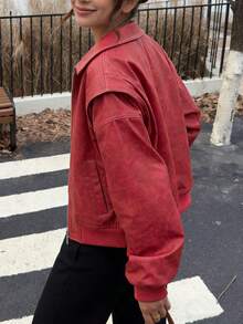 Red Washed Cropped Jacket: Contrast-Stitch Bomber Outerwear For Edgy Autumn Urban Street Style - Red - View 7