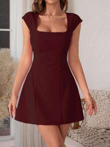 Đầm hè Onecee, màu đỏ rượu vang, cổ vuông, không tay, dáng chữ A, đầm ngắn tay dự tiệc cocktail, thanh lịch cho ngày Valentine, hẹn hò, tụ họp, tiệc tùng, du lịch, kỳ nghỉ, đi biển. - Màu Đỏ Sâu - Xem 3