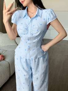 abyoxi Women's Light Blue Striped Bow Tie Ruffle Front Loose Wide Leg Pants 2 Piece Set, Elegant & Sweet, Casual, Work, Daily Wear, Date, Valentine's Day, Fitted Top With Long Pants Spring/Summer Outfit - Light Blue - View 4