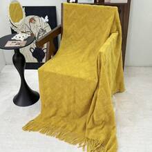 1件小方格双色格纹编织沙发毯，休闲涤纶长方形流苏毯，适合办公室小憩和日常使用 - 毛圈波浪黃 - 查看 6