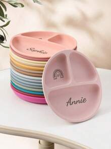 Customized Baby Silicone Plate, Personalized Pattern & Name, Children's Tableware, Baby Suction Cup Plate, Customized Baby Tableware, Multi-Functional, Decorative, Lettering, Fashionable, Modern, Colorful, Cute, Appealing, Casual, Customized, Personalized, Unique, Ideal Gift For Boy, Women, Halloween Decor, Back To School Fashion, Christmas Gift - Multicolor - View 4