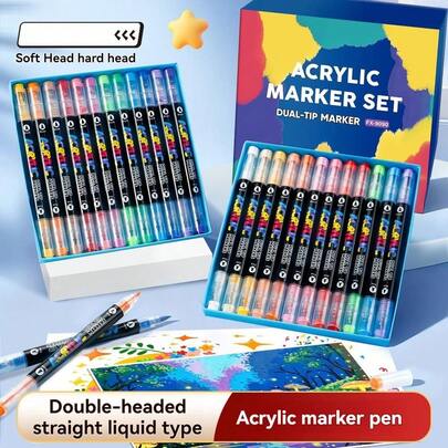 72pcs Acrylic Marker Pen Set, Direct Liquid Ink, 72 Colors Double-Ended (Soft Tip + Hard Tip) Marker Pen Set, Non-Smudge Fast Drying Pens, Art Supplies, Suitable For Rock Painting, Wood, Canvas, Stone, Glass, DIY Crafts, School Supplies