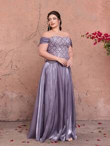Plus Size Contrast Lace One-Shoulder Elegant Evening Dress, Pearl Decor, Ruffle Hem Maxi Dress, Suitable For Prom, Wedding, Party, Guest Outfit - 紫色 - 查看 3