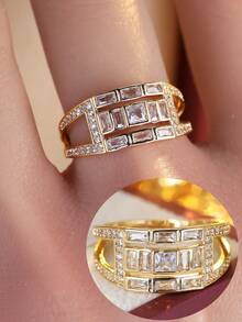 1枚奢华多层全镶钻几何水晶戒指，小众设计闪亮锆石指环饰品 - 開口戒指 - 查看 6