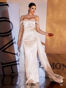 LOVE&LEMONADE 性感香槟色露肩露背缎带正式晚礼服 - 香檳色 - 查看 6