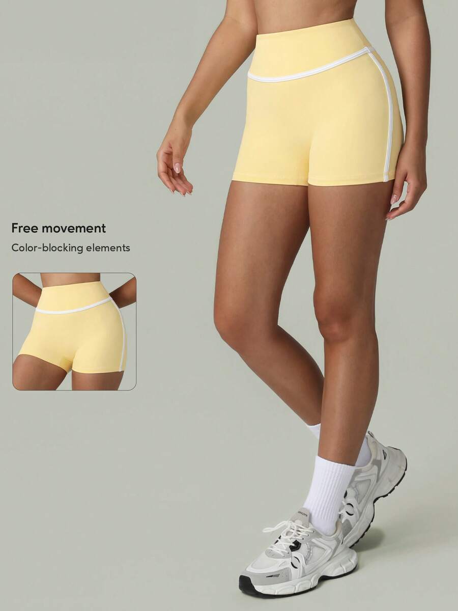 女士高腰撞色条纹瑜伽短裤，适合举重、训练和跑步 - 黃色 - 查看 1