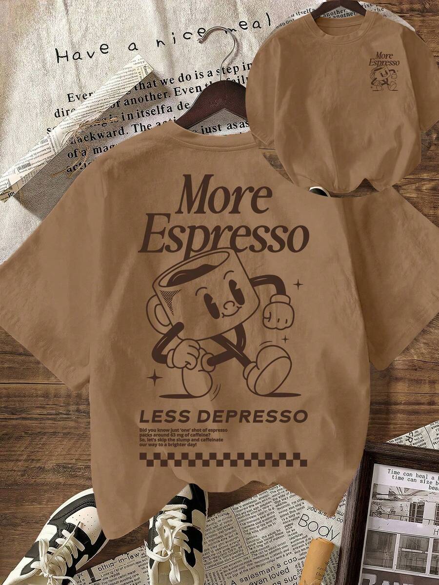 Áo thun nữ tay ngắn cổ tròn in hình họa tiết More Espresso Coffee Club, kiểu dáng thường ngày, thích hợp cho mùa hè. - màu nâu - Xem 1