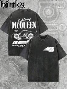 Disney Binks (Double-Sided Printing): Cars: Lightning McQueen Elements Cartoon Print Retro Distressed Washed Short Sleeved T-Shirt, High Street  Brand Loose Short Sleeved T-Shirt. Spring And Summer Fashionable Versatile Top, Holiday Gift, Vintage Print. - 黑色 - 查看 1
