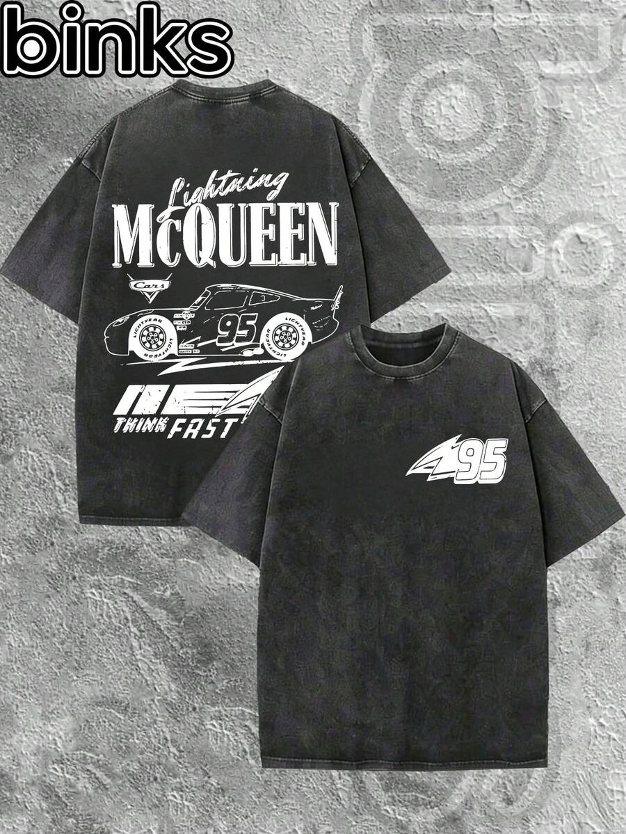 Disney Binks (Double-Sided Printing): Cars: Lightning McQueen Elements Cartoon Print Retro Distressed Washed Short Sleeved T-Shirt, High Street Brand Loose Short Sleeved T-Shirt. Spring And Summer Fashionable Versatile Top, Holiday Gift, Vintage Print. - 黑色 - 查看 1