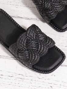 Sandalias planas casuales minimalistas tejidas tipo slip-on para niñas, de estilo vacacional cómodo y suave con punta abierta - Negro - Ver 7