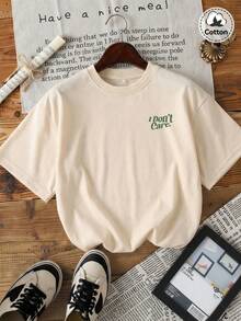 LILL Women's "I Don't Care" Pattern T-Shirt, Slightly Stretchy, Fitted, Washed Cotton Blend Crew Neck Short Sleeve T-Shirt, Casual Daily Street Style Tee - Apricot - View 2