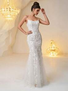 Allover Print Patchwork Party Ruffle Sequin Mesh Patchwork Formal Evening Strapless Dress Wedding White Spring - White - View 5