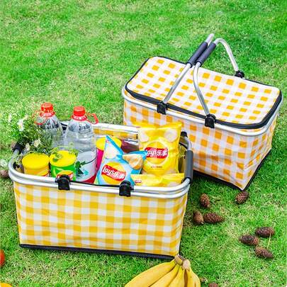 7.13 Gallon Durable Leak-Proof Foldable Lunch Box, Suitable For Camping, Travel, Daily Shopping, Plaid Pattern (Yellow/White) Portable Insulated Bag, Large Capacity Foldable Insulated Picnic Basket With Lid, Oxford Cloth Material