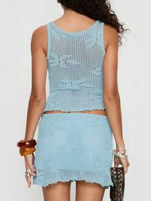 Women's Floral Embroidery Hollowed-Out Knitted Suit Mesh Sheer Blue Crochet Cami Top And Low Waist Pencil Skirt Sets SeeThrough Going Out Sets Summer Vacation Outfits Beachwear - 藍色 - 查看 2
