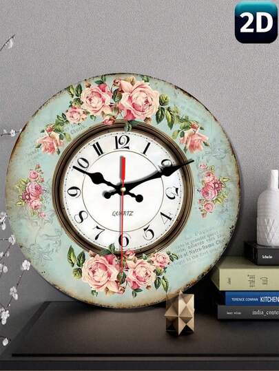 1pc 10"/12" Decorative Floral Battery Operated Wall Clock, Vintage Floral Design, Silent Japanese Quartz Movement, Round Wooden Frame, Battery Powered (Batteries Not Included), Ideal For Living Room, Bedroom, Office, Modern Home Decor, Wall Art, Perfect Birthday Gift