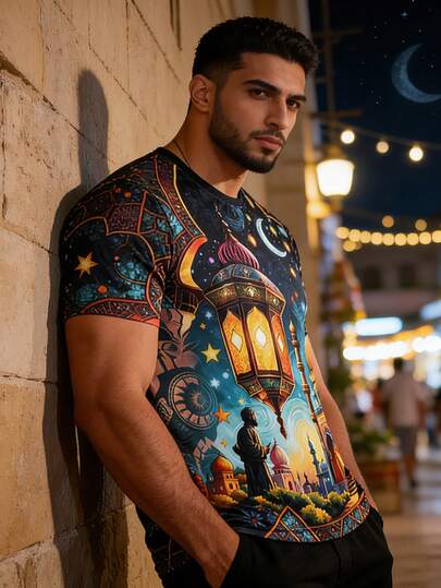 男士活力3D开斋节主题印花T恤，舒适贴身，适合夏季休闲外出穿着