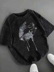 Women's Summer New Lip Pattern Printed Round-Neck Short-Sleeved T-Shirt, Casual Loose Versatile Top, Stylish Daily Wear - Black - View 1