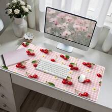 Cute Cherry Picnic Mouse Pad - Sweet Soft Plaid Pattern With Daisy, Elegant Aesthetic Desk Mat, Summer Fruit Art Student Gift - A - View 2