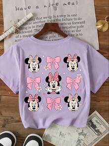 1pc Disney Minnie Mouse Cute Bow & Character Print Tween Girls' Casual T-Shirt - Soft & Breathable, Perfect For Daily Wear & Amusement Park Trips - Màu Hồng baby - Xem 3