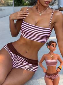 Women's Bikini Swimwear, Retro Striped Brown-Pink Beach Outfit Swimwear, Cropped Camisole Strapless Top And Shorts Fashion Set/Outgoing Outfit/Birthday Outfit/Casual Wear/Y2K/2000s/Millennium Outfit/Elegant/Old Money/Streetwear/Holiday Music Festival Outfit/Girls Beach Wear - Pinkish Brown - View 5