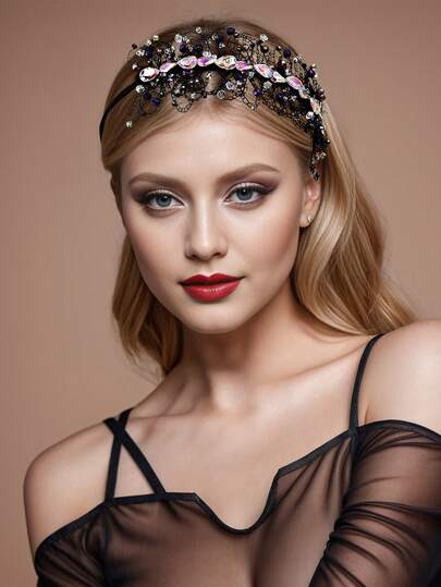 1pc Colorful Crystal Headband, Elegant Mesh Crystal Beaded Wide-Brim Headpiece, Suitable For Bride, Wedding, Celebration, Festival, Carnival Party, Casual Daily Wear For Women