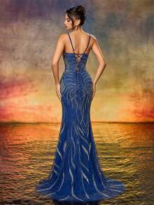 Elegant Navy Blue Heavily Embroidered Pearl Decor Spaghetti Strap Mermaid High Slit Evening Gown, Suitable For Formal Dinners, Parties, Weddings, Graduations And Homecoming - 藏蓝色 - 查看 2