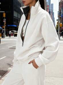 Women's Oversized Half Zip Tracksuit High Neck Loose Fit Sweatshirt And Wide Leg Pants Set Women's Casual Oversized 2 Piece Tracksuit Half Zip High Neck Sweatshirt And Wide Leg Pants Loungewear Cozy Must-Have! Women's Oversized Half Zip Tracksuit High Neck Loose Fit Sweatshirt & Pants Stylish & Comfortable: Women's Oversized 2 Piece Half Zip Tracksuit High Neck Sweatshirt Outfit - trắng - Xem 3
