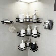 Bathroom Corner Shelf Set Of Five Pieces, Self-Adhesive Stainless Steel Material, No Drilling Required, Rustproof And Durable, Pink Bathroom Decor Accessories, Shampoo And Body Wash Storage Basket, Large Capacity Hollow Circular Design. - màu đen - Xem 8