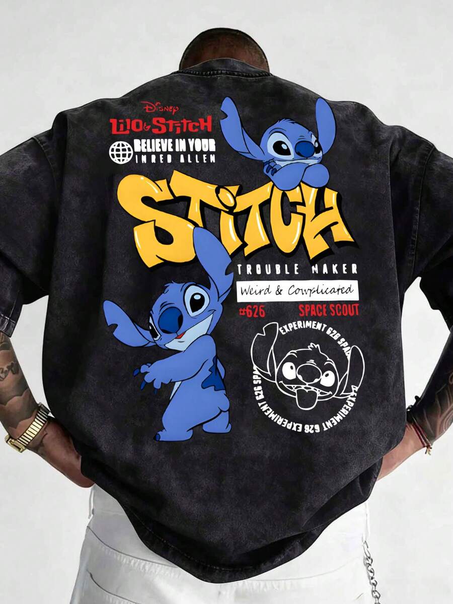 Disney-Cool And Cute Children's Fun Style | Stitch TROUBLE MAKER Theme Men's T-Shirt Soft Skin Friendly Loose Version Daily Versatile Top - màu đen - Xem 1