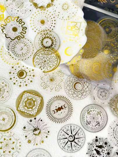 50pcs Magic Moon & Sun Gold Stamping PET Stickers Decals For Phone Bottle Scrapbook Refrigerator Guitar DIY Aesthetic Stickers Creative Gifts