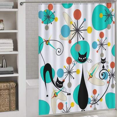 1件中世纪现代猫咪图案浴帘，抽象原子星爆几何菱形图案浴室浴帘，适用于浴室浴缸隔断、浴室配件、浴室浴帘装饰