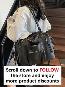 Large Capacity, Super Hot, High-End Quality Bag, New One Shoulder Crossbody Bag, Business Travel Luggage Bag, Women's Fashion, Casual, Retro, Versatile Handbag, Minimalist Tote Bag, Medieval Motorcycle Bag, Elegant Ladies Handbag - Black - View 3