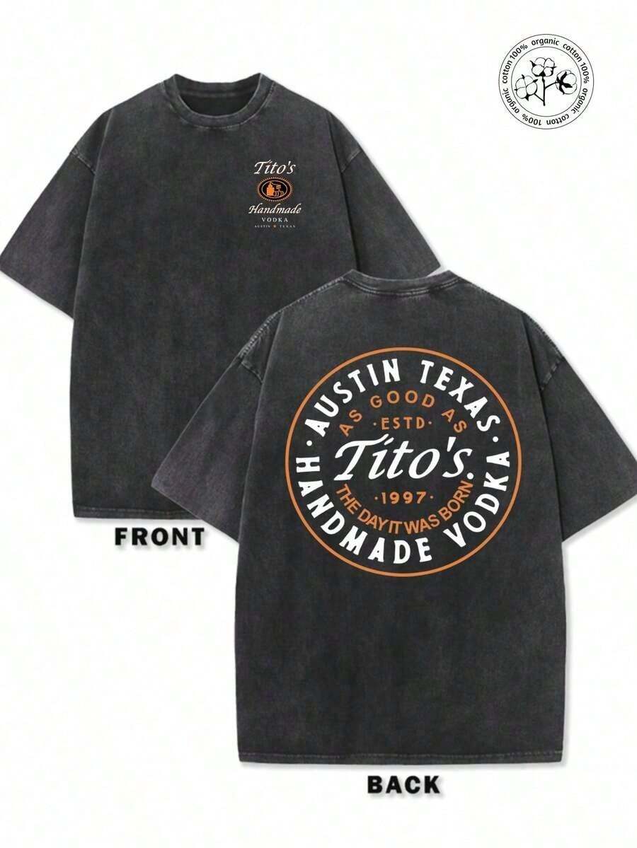 Tito's Handmade Vodka Retro Washed T-Shirt | Austin Texas Vodka Vintage Black Short Sleeve Top, Double Sided Printed Short Sleeve T-Shirt, Available In Multiple Colors, 100% Washed Cotton Fabric, Comfortable Round Neck T-Shirt, Suitable For Travel And Vacation, Unisex. - 黑色 - 查看 1
