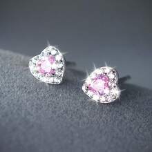 1 Pair 925 Sterling Silver Heart Shaped Earrings, Cute Minimalist Style With Synthetic Cubic Zirconia, Fashionable Multifunctional Daily/Gift Jewelry, Suitable For All Seasons, Cubic Zirconia, 6mm/10mm - Pink Heart-shaped Earrings - View 9