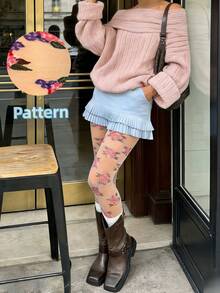 1 Piece Women's White Rose Tone Tights High Stretch Breathable Versatile Pantyhose For Daily Outings And Dates - White - View 3