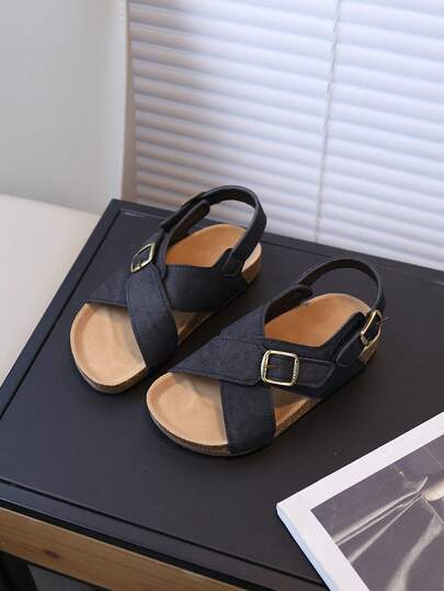 2026 [Hot Selling] Summer Unisex Children Sandals, Casual Summer Sandals, Black PU Sandals With Crossed Straps And Metal Buckle, Non-Slip Beach Shoes For Boys And Girls, Recommend Ordering One Size Up Or Refer To Size Chart
