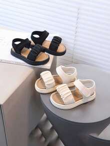 Kids Beige Ruched Strap Sandals Hook And Loop Non-Slip Breathable Summer Casual Shoes 2025 - Black - View 1