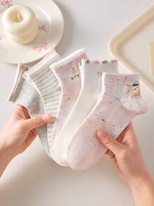 4 pares de calcetines de tobillo para mujer con diseño de conejo y lazo, transpirables y lindos, calcetines invisibles tipo barco, en colores blanco y rosa, adecuados para uso casual diario, colores aleatorios, aptos para primavera, verano, otoño e invierno - Ver 2