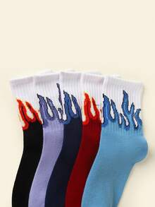 5 Pairs Kids' Flame Jacquard Socks, Cute, Breathable, Comfortable, Suitable For Outdoor Sports, All Seasons - Red - View 5