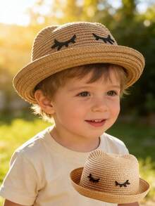 1顶男女童卡通睫毛熊草帽，卡通设计夏季遮阳帽，适合幼儿 - 1PC - 查看 1