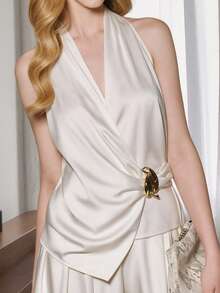 Women's Fashion Sleeveless Tank Top, Regular Length, Draped Knot Design, Polyester Fabric, Minimalist Style - Beige - View 8