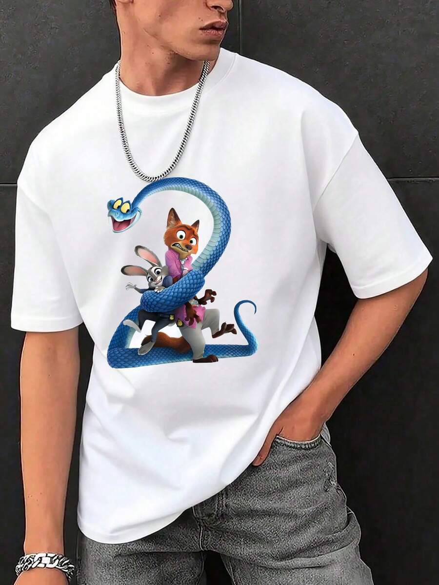 Disney Men's Casual T-Shirt, Zootopia 2 Nick & Judy Print, Snake Number 2 Design, Lightweight Fabric, Gift For Movie Fans - 白色 - 查看 1