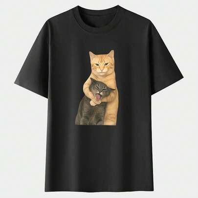 Camiseta lavable con estampado de gato discutiendo| Marca de moda retro batik de alta calidad, ropa de verano para mujer, regalo de vacaciones, regalo perfecto, manga corta, cuello redondo