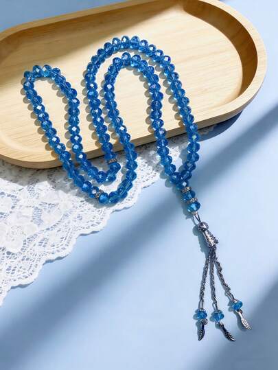 99pcs Faceted Crystal Tasbih Prayer Beads Vintage Silver Feather Tassel Muslim Misbaha For Men Women